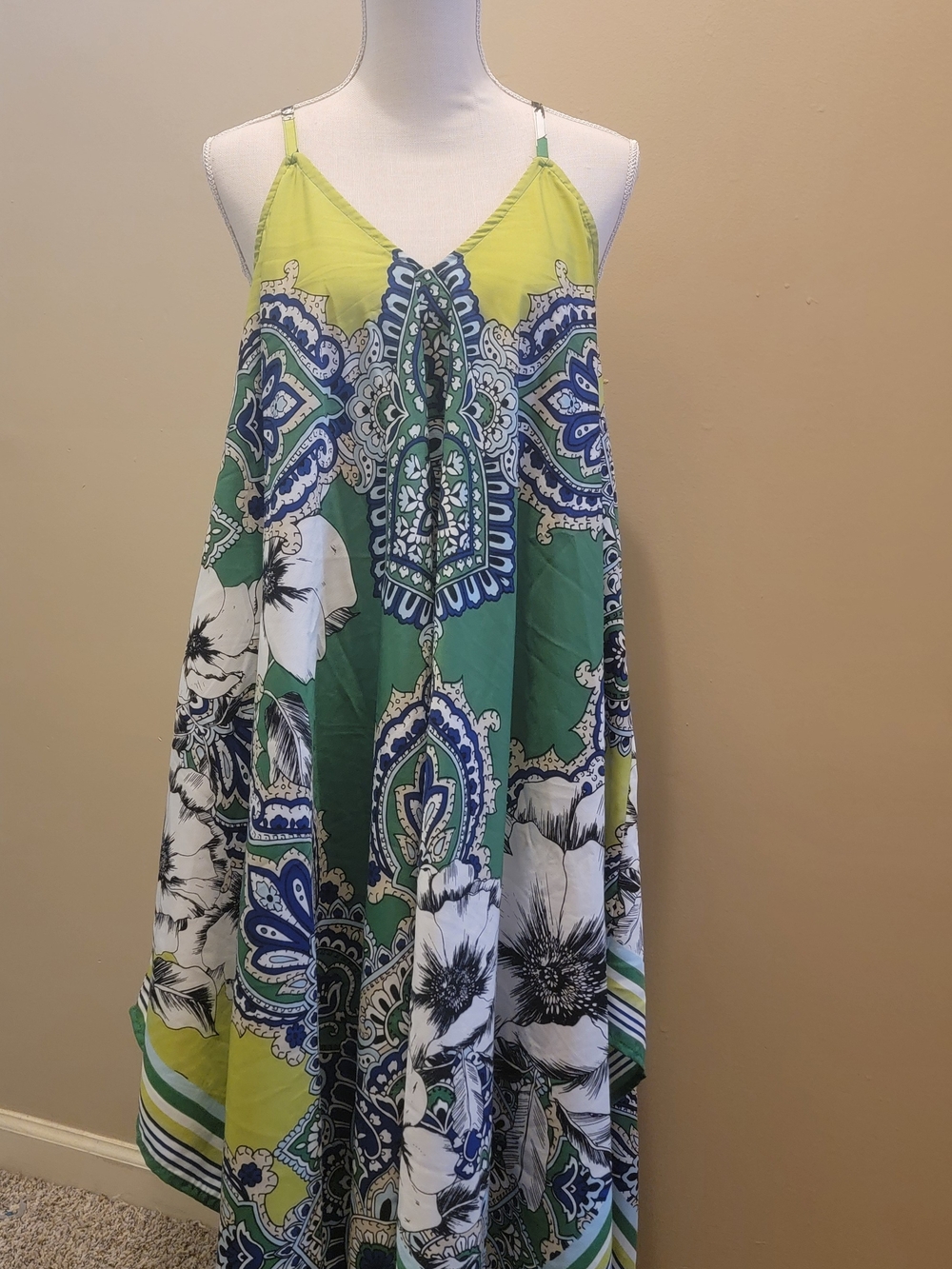 Green & Blue Paisley Floral Spaghetti Strap Maxi Dress